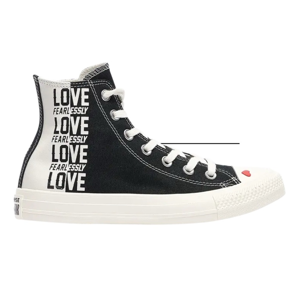 Converse Love Fearlessly Black and White High-Top Sneakers with Love Print